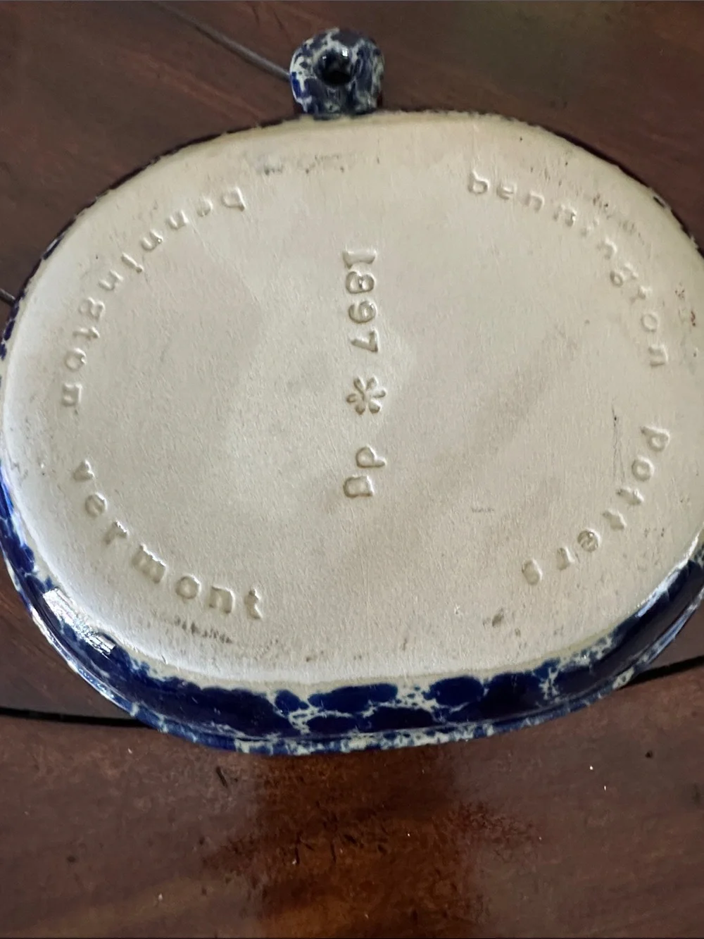 Blue Splatter Ceramic Brie warmer by Bennington Pottery